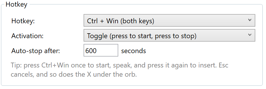 The Hotkey section of InkBeepAI Settings: hotkey choice, toggle or hold-to-talk activation, and an auto-stop timer in seconds.