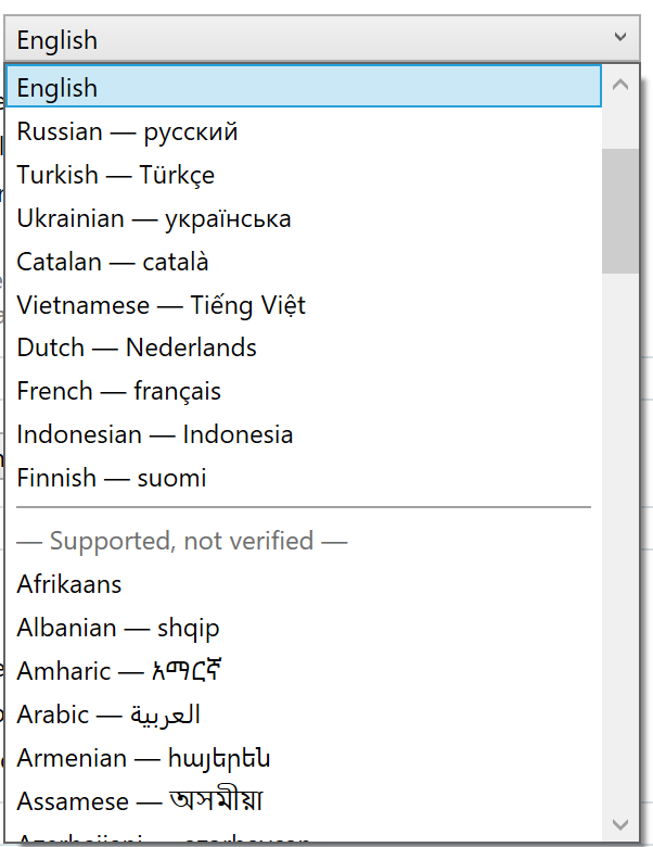 The InkBeepAI language drop-down open, showing verified languages such as Russian, Turkish, Ukrainian, Catalan, Vietnamese, Dutch, French, Indonesian and Finnish above a separator reading "Supported, not verified", with Afrikaans, Albanian, Amharic, Arabic, Armenian and Assamese below it.