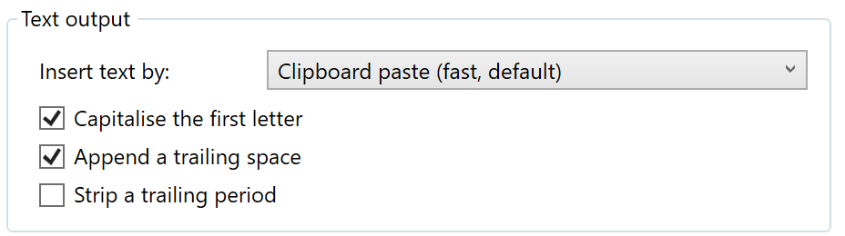 The Text output section of InkBeepAI Settings: insert by clipboard paste or typing, capitalise the first letter, append a trailing space, strip a trailing period.